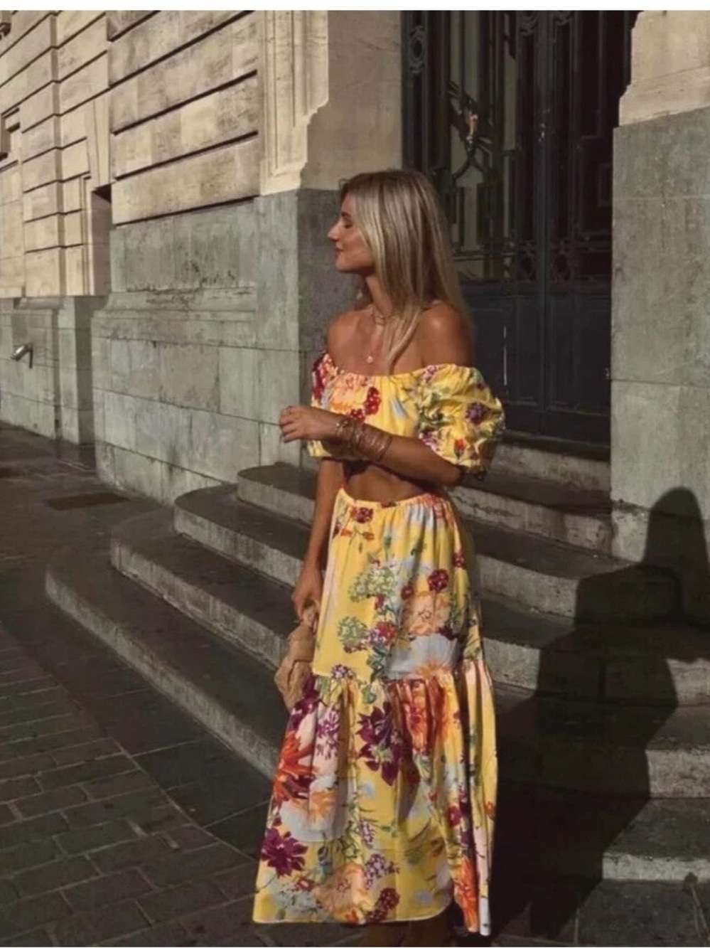 NWT Yellow Floral Tropical Resort Two-Piece Co-Ord Crop Top Maxi Skirt Set sizeM - Picture 6 of 15